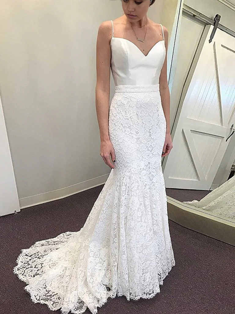 Vestidos de noche de sirena con tirantes finos y cola larga de encaje para graduación, vestidos de novia blancos